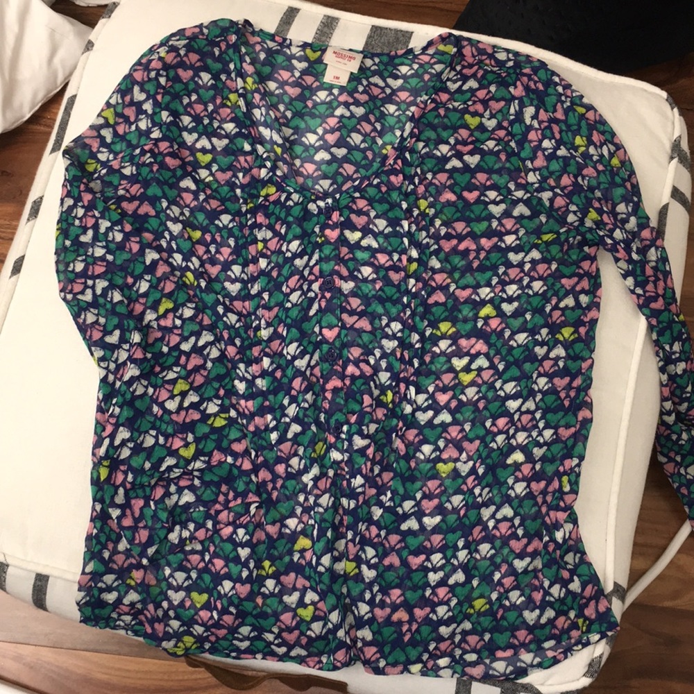 pastel heart print button down sheer blouse